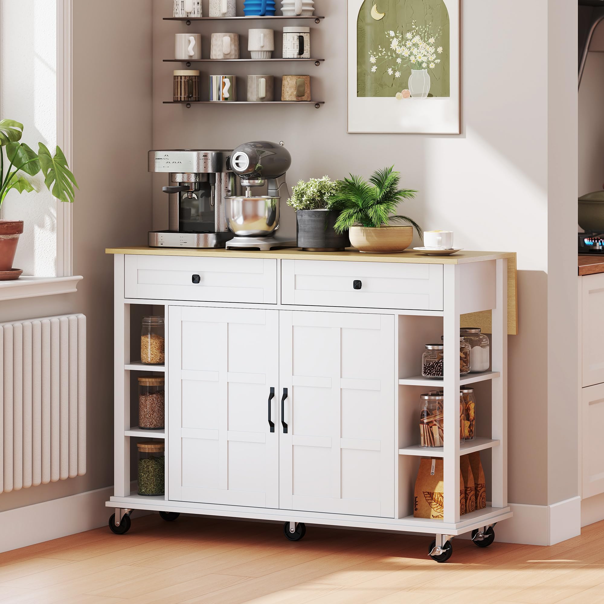 HOMCOM Isla de Cocina con Ruedas, Encimera Plegable, Carro de Cocina con 2 Puertas con Cierre Suave, 2 Cajones, 6 Estantes Abiertos, Blanco