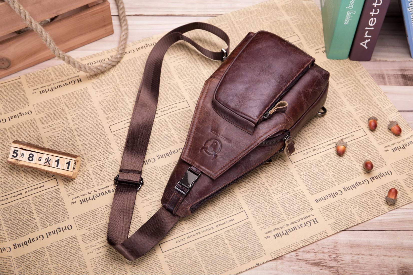 BULLCAPTAIN Bolso Hombres de Pecho Bolsa Bandolera, Mochila de Cuero Autentico Bolsos de Mochila Mochila Messenger Bag Daypack para el Negocio Casual Sport Hiking Travel Marrón