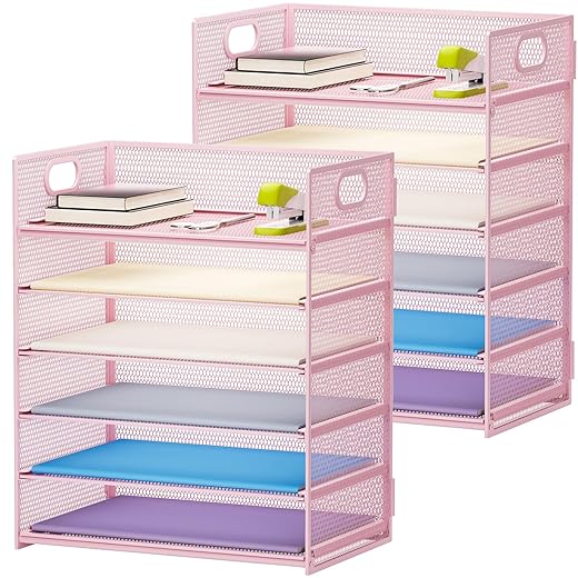 Marbrasse 2 Pack Desk Organizer with Handle, 6 Tier Paper Letter Tray, Mesh Desk File Organizer for Office, School and Home - Pink