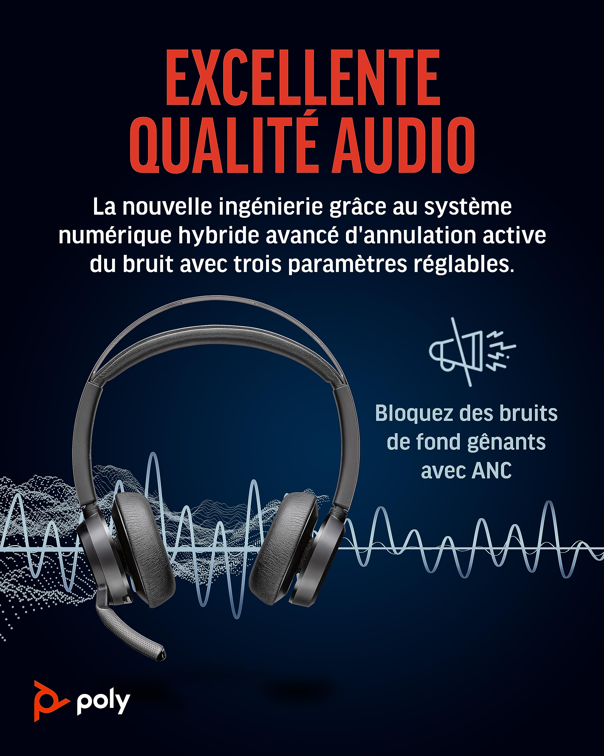 Micro-casque sans fil Poly Voyager Focus 2 UC avec microphone (Plantronics) - Annulation active du bruit (ANC) - Connexion à un PC/Mac/Téléphone portable via Bluetooth - Fonctionne avec Teams, Zoom