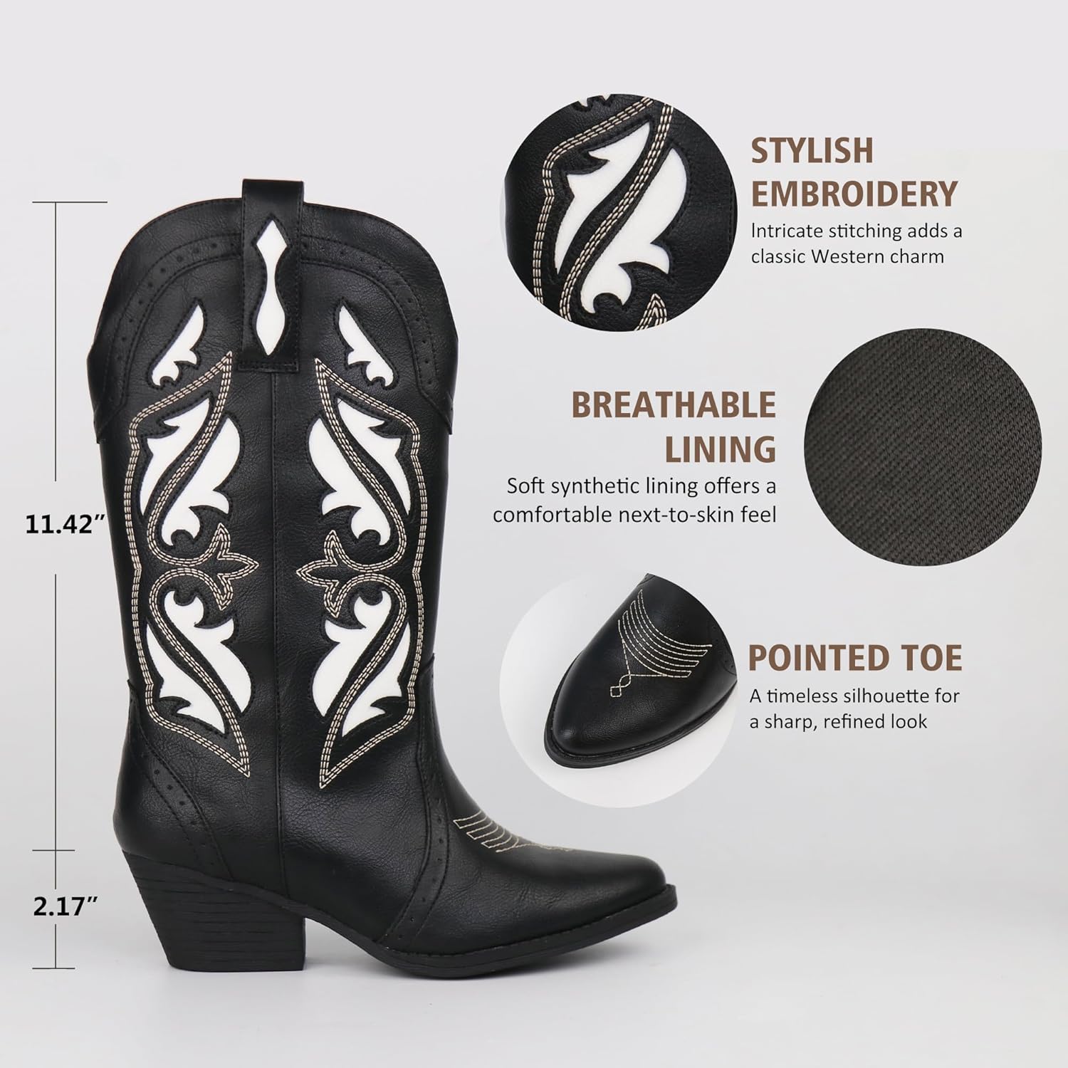 Hawkwell Women's Embroidered Stitched Mid Calf Cowboy Boots Pointed Toe Chunky Block Heel Classic Pull On Cowgirl Western Booties - Image 4