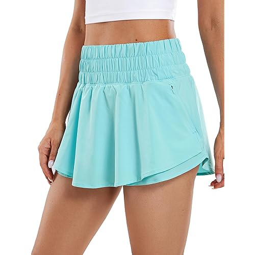 CRZ YOGA Women's High Waisted Flowy Athletic Shorts Ruffle Skirt Wrap Front Liner Workout Running Shorts with Zip Pocket