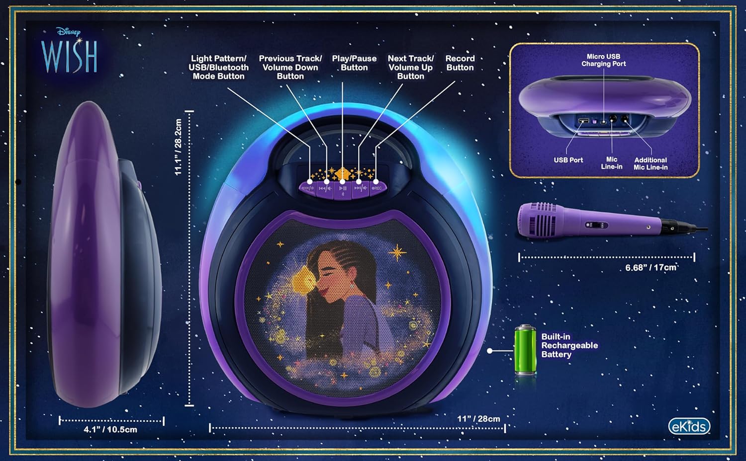 Diagram showing the eKids Disney Wish Karaoke Machine's controls, ports, and dimensions.