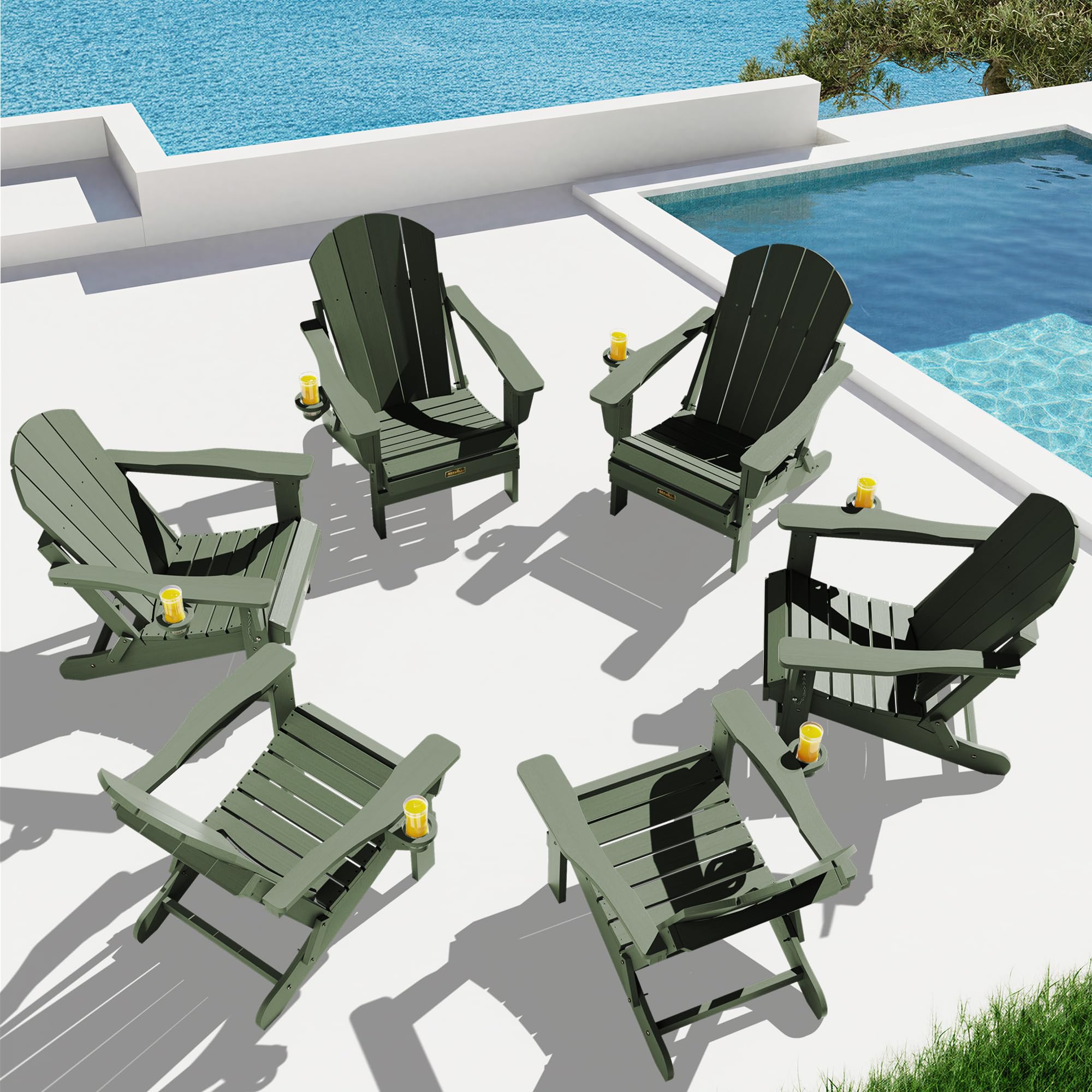 SERWALL Folding Adirondack Chair Set of 6, Lawn Chairs with Cup Holder-Army
