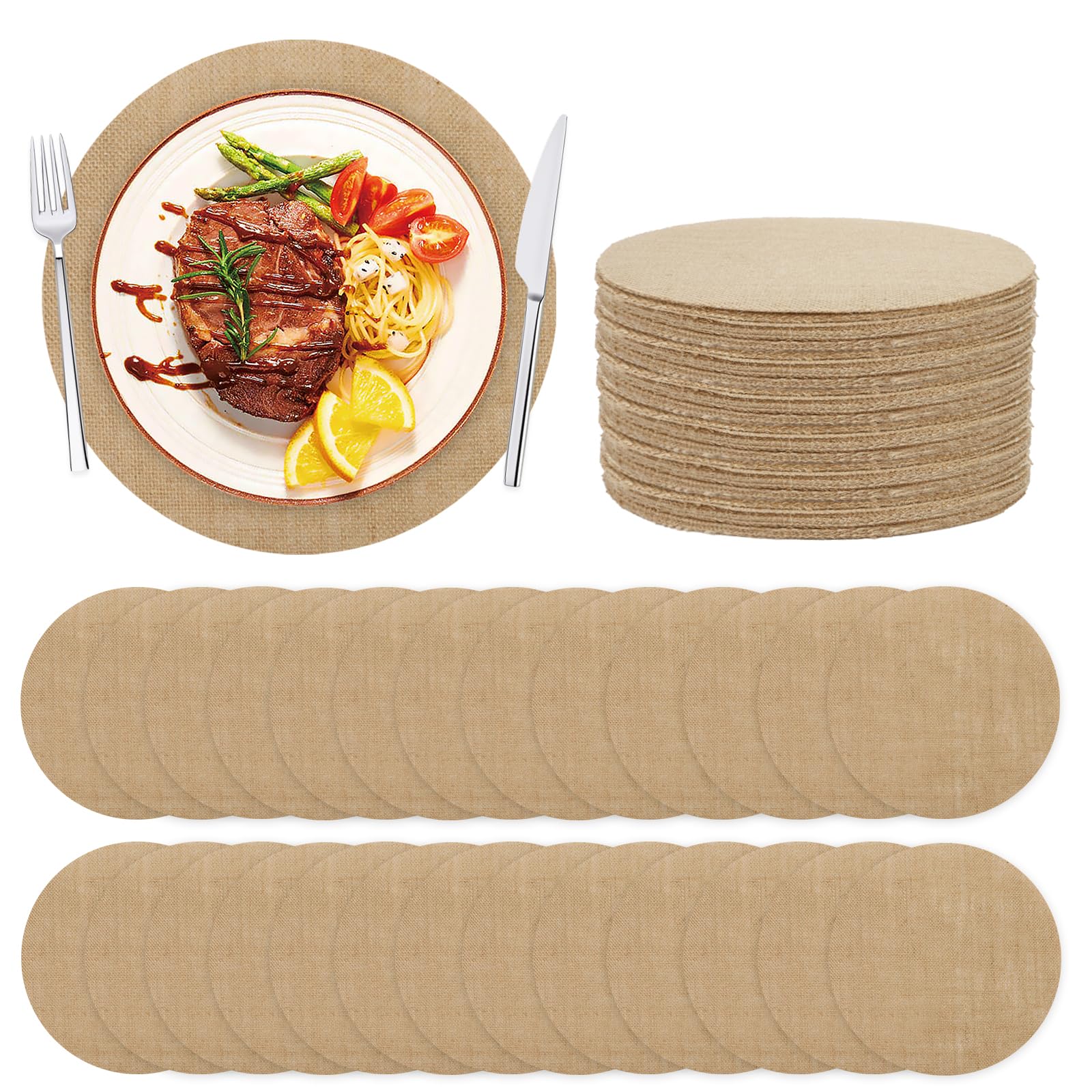 Runde Tischsets aus Jute, rustikale Platzsets, 30 cm, wiederverwendbar, hitzebeständig, rustikale Tischsets, rustikale Tischdekoration für Abendessen, Urlaub, 80 Stück