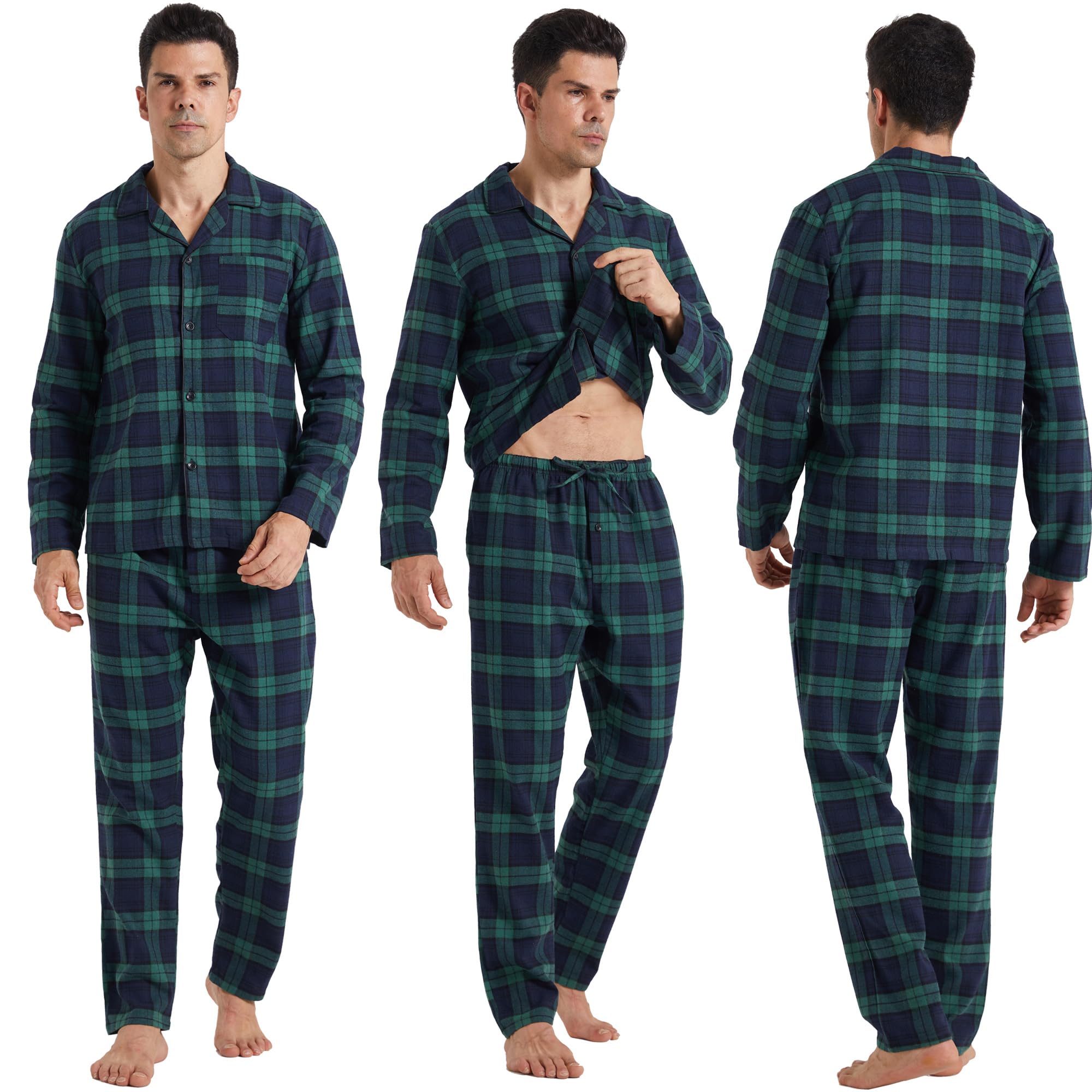 Conjunto de pijama de franela para hombre, de algodón, a cuadros, con bolsillo, manga larga, parte superior e inferior, ropa de dormir suave para invierno