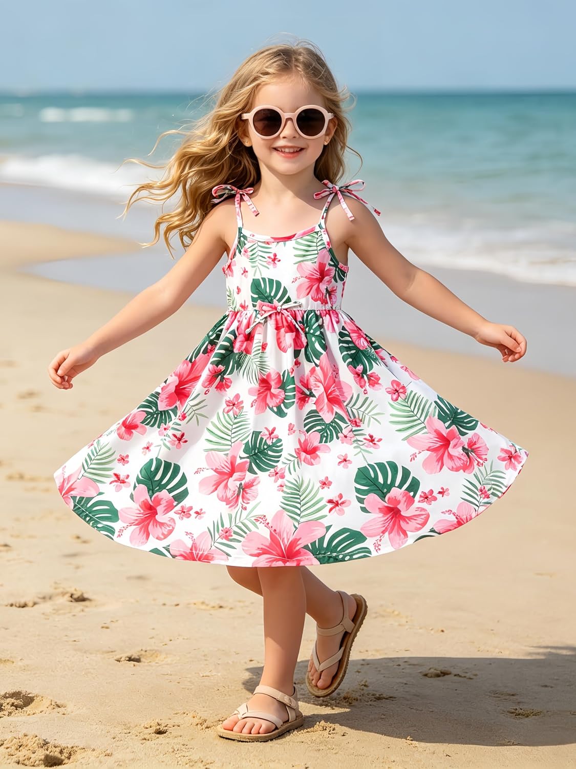 Girls Summer Hawaiian Dress Kids Floral Beach Sundress, Adjustable Strap A-Line Smocked Tropical Outfits 5-8 Years