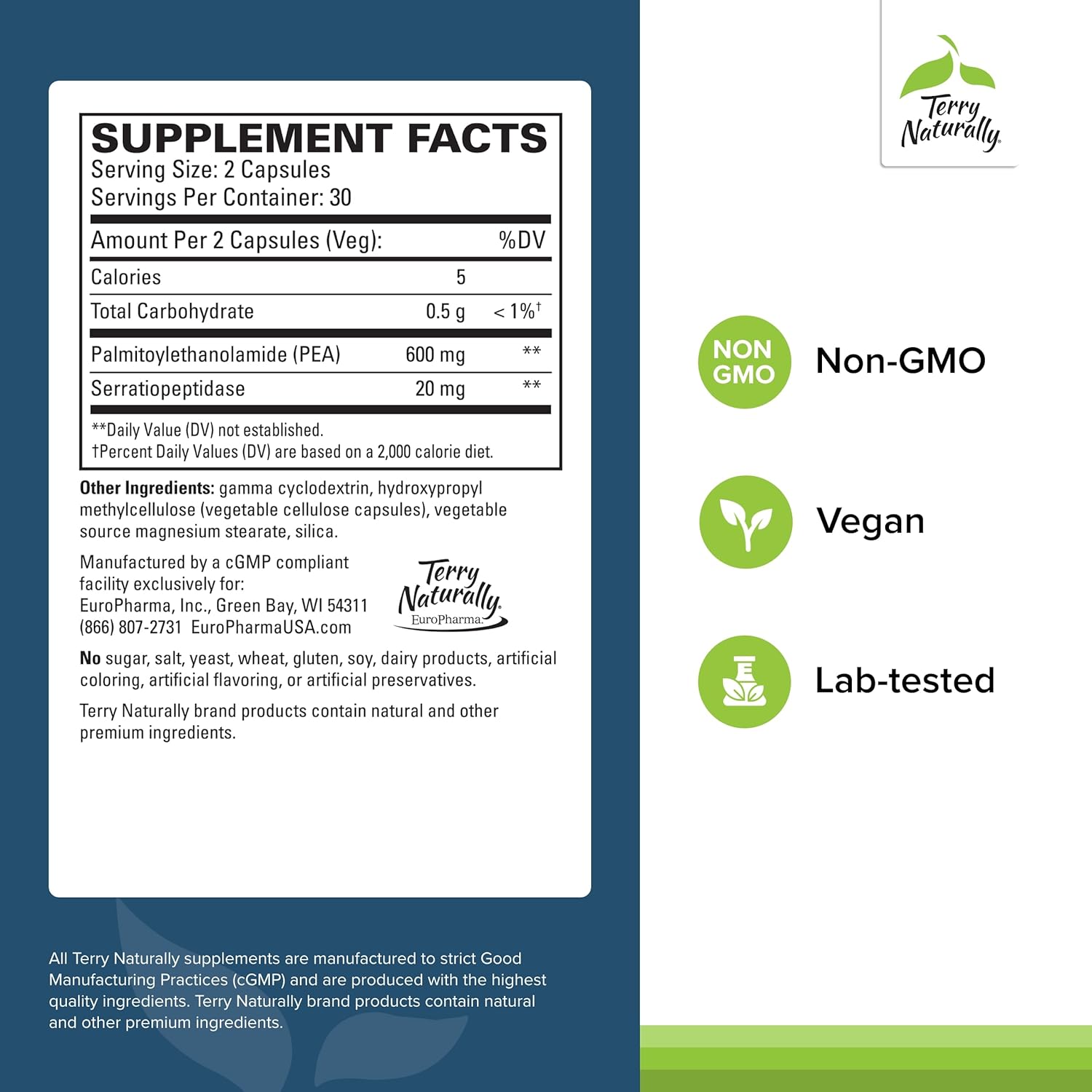 Terry Naturally Pea Healthy Inflammation Response - Joint Health Support - Exercise Performance & Post-Workout Support - Contains No Dairy, Gluten, or Soy - 60 Capsules (30 Servings)