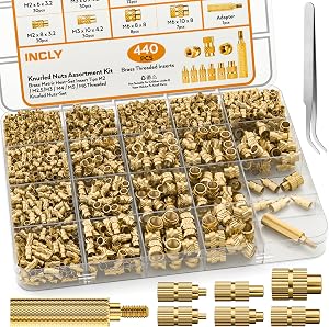 INCLY 440PCS Threaded Inserts M2 M2.5 M3 M4 M5 M6 Brass Heat Set Inserts for Plastic Parts Metric Knurled Nuts Assortment Kit for 3D Printing Components Injection Molding
