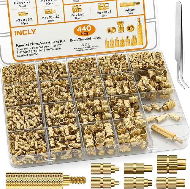 INCLY 440PCS Threaded Inserts M2 M2.5 M3 M4 M5 M6 Brass Heat Set Inserts for Plastic Parts Metric Knurled Nuts Assortment Kit for 3D Printing Components Injection Molding