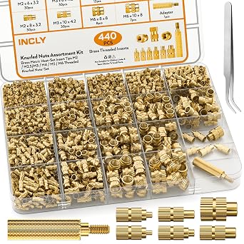 INCLY 440PCS Threaded Inserts Set with Soldering Tip & Adapter, M2 M2.5 M3 M4 M5 M6 Metric Knurled Nuts Assortment Kit, Brass Heat Set Inserts for Plastic and 3D Printing Components