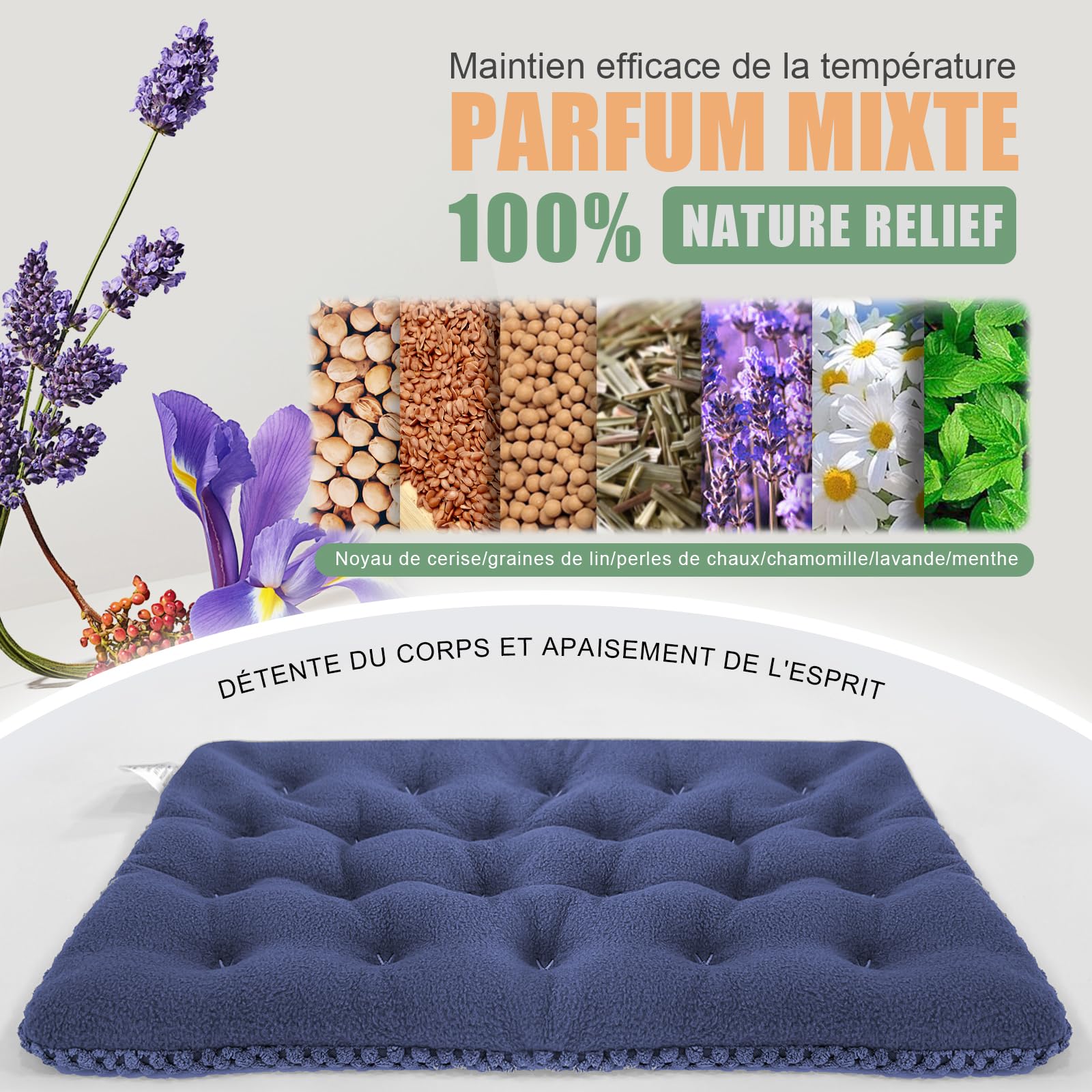 uncn Coussin Chauffant Micro Onde, Bouillotte Micro-onde, Graine de Lin,Noyaux Cerises,Grande Poche Chauffante Nuque Epaule et Dos,Cervicales,Ventre Lavande,Chaleur Humide pour Compresse 38*23cm 840g