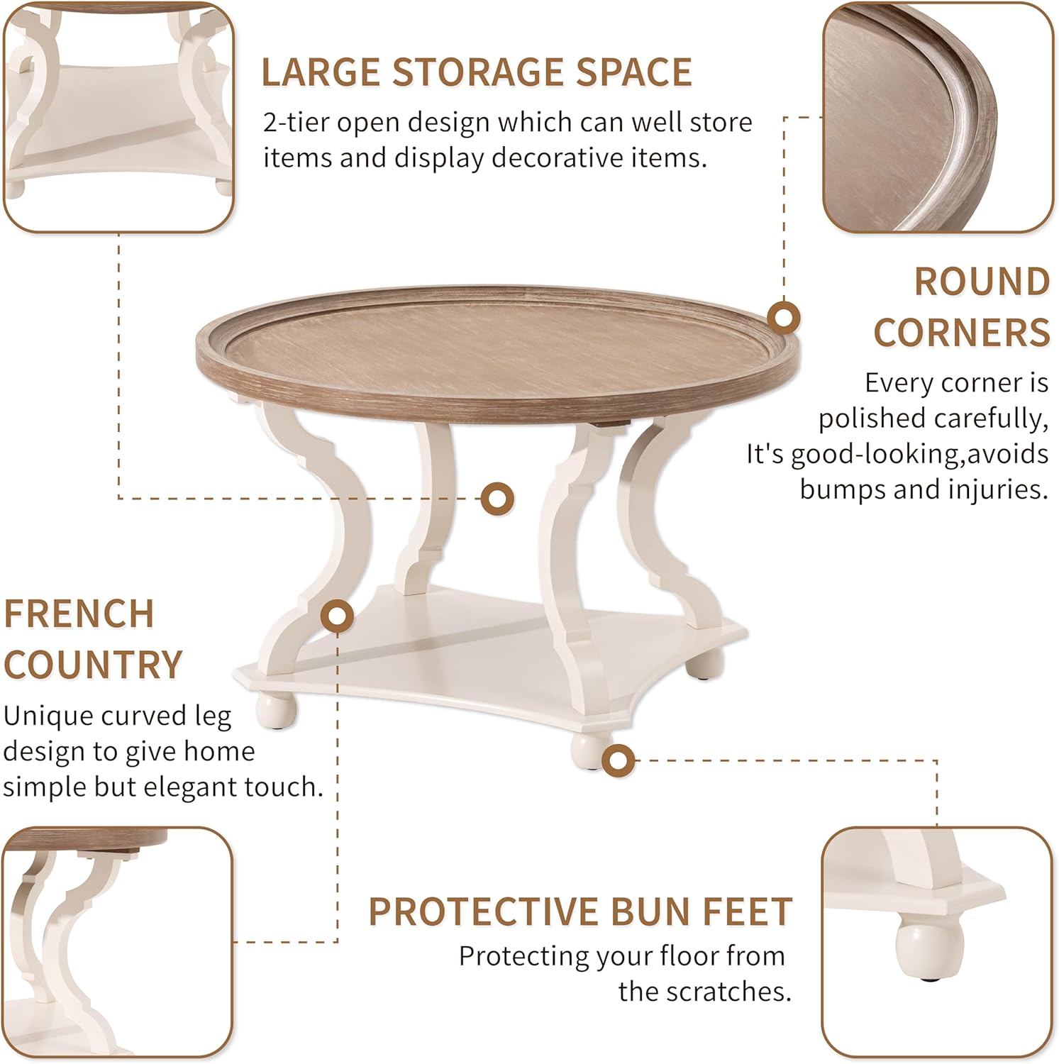 LONYKE Round Farmhouse Coffee Table with Handmade Finish, Wood Tray Top Rustic Coffee Table for Added Thickness, Accent Table with Storage for Living Room, Small Place, White, Circle