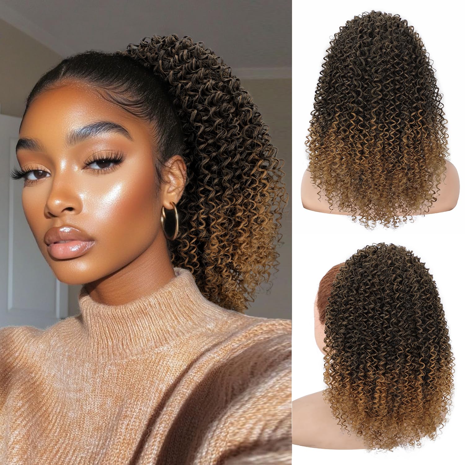 FREEMEIGE Ponytail Extension 14Inch Drawstring Ponytail for Black Women Short Fluffy Afro Kinky Curly Pony Tails Hair Extensions