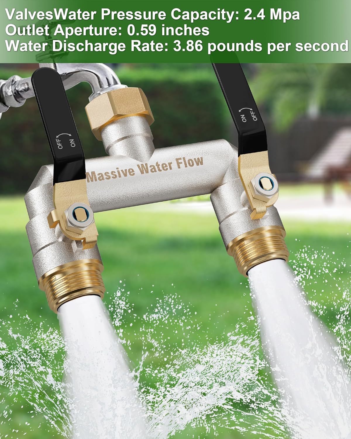 Hose Splitter 2 Way Heavy Duty, Garden Hose Splitter with 304 Stainless Steel Long Handle, Full Flow Brass Nickel Plated Water Hose T Spigot Splitter Adapter Connector, 3/4 - Inch GHT Thread (Black)