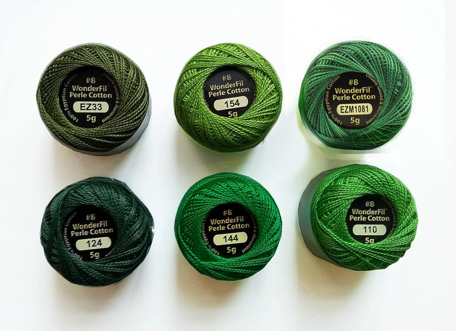 WonderFil Eleganza Size 8 Perle Cotton Embroidery Thread ''Field and Forest'' Greens Sampler Set - 6 Colors, 42 Yards Each