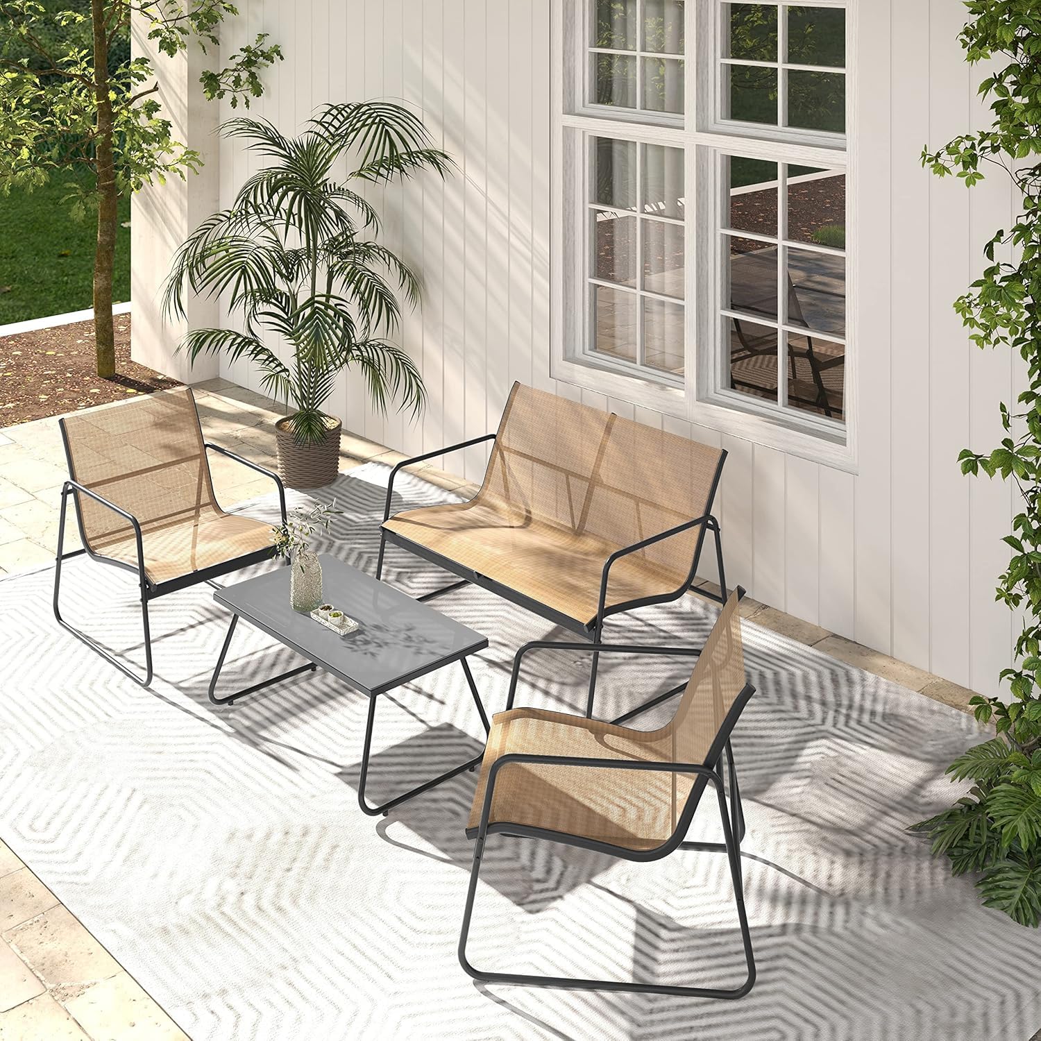 Grand patio Conjunto Muebles de Jardín, Textileno, Set de Comedor de Jardín Sillas de Mesa para Balcón, Jardín, Exterior (Marrón)
