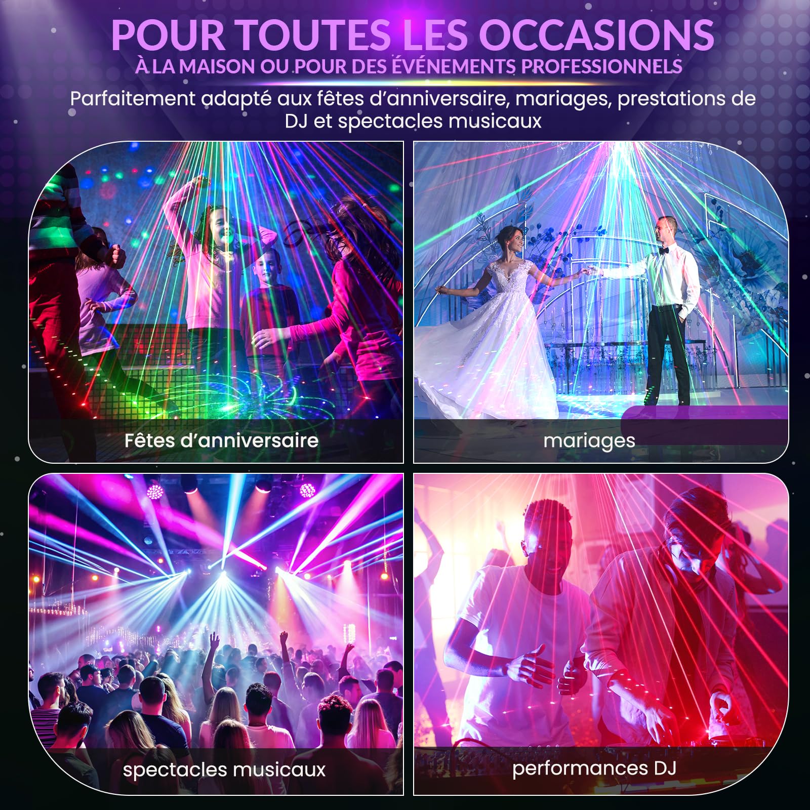 Jeux de Lumière DJ Professionnel RGB avec Effets Stroboscopiques et Laser, Télécommande IR, Éclairage de Scène pour Soirée, Fête, Anniversaire, Bar, DJ, DMX 512, Lumière Disco, Laser DJ