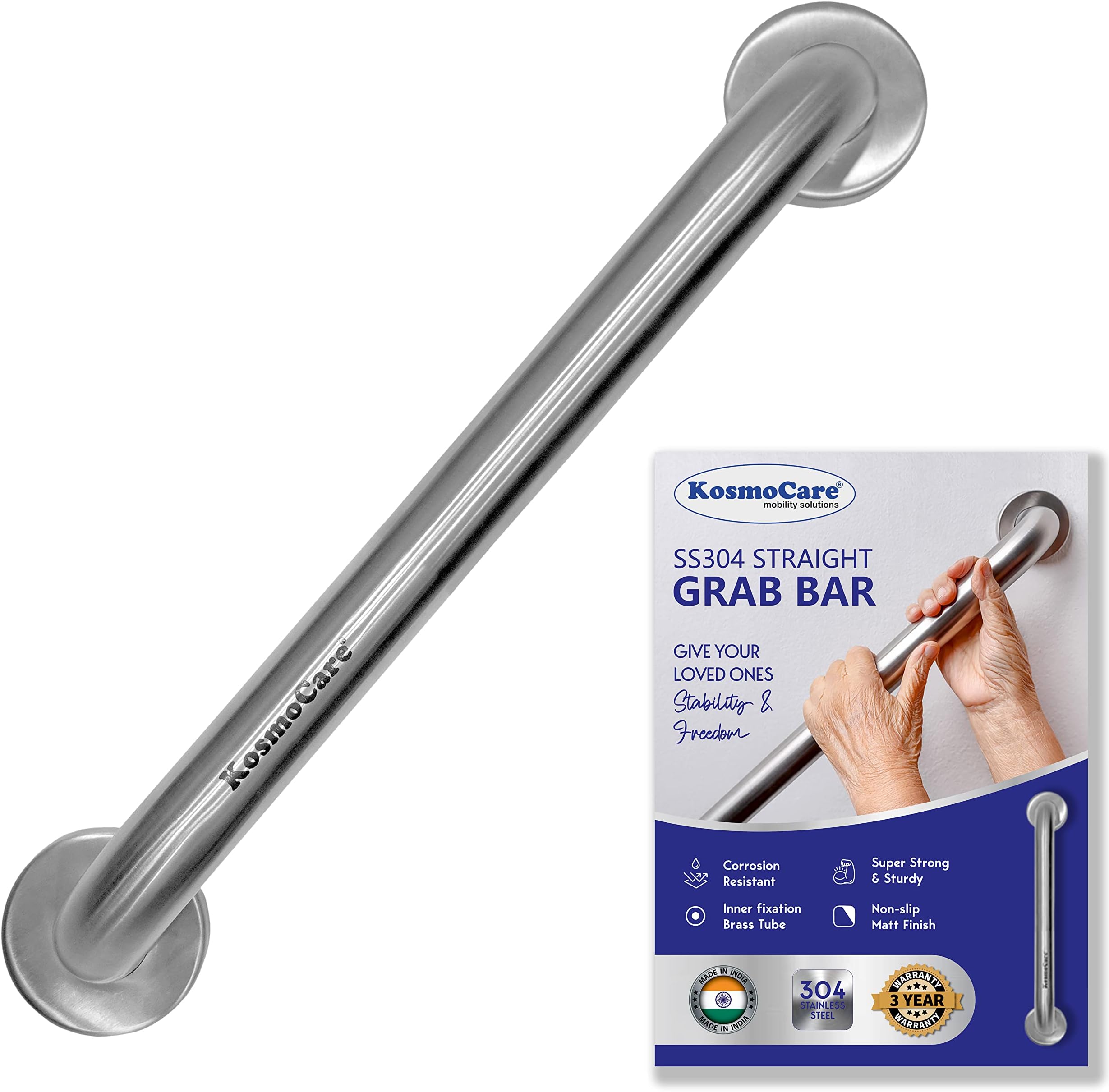 KosmoCare 304 Grade Stainless Steel Grab Bar, Wall Mounted Safety Straight Grab Bar for Bathroom, Grab Bars for Toilet Senior Citizens, Toilet Grab bar for Elderly (25 mm Diameter X 12-inch Length)