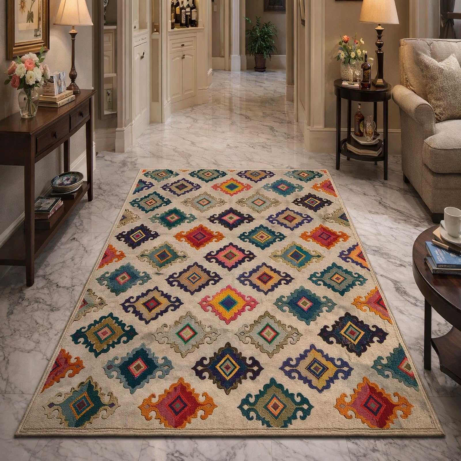 Tapis grand salon 160x280cm poil ras traditionnel géométrique coloré