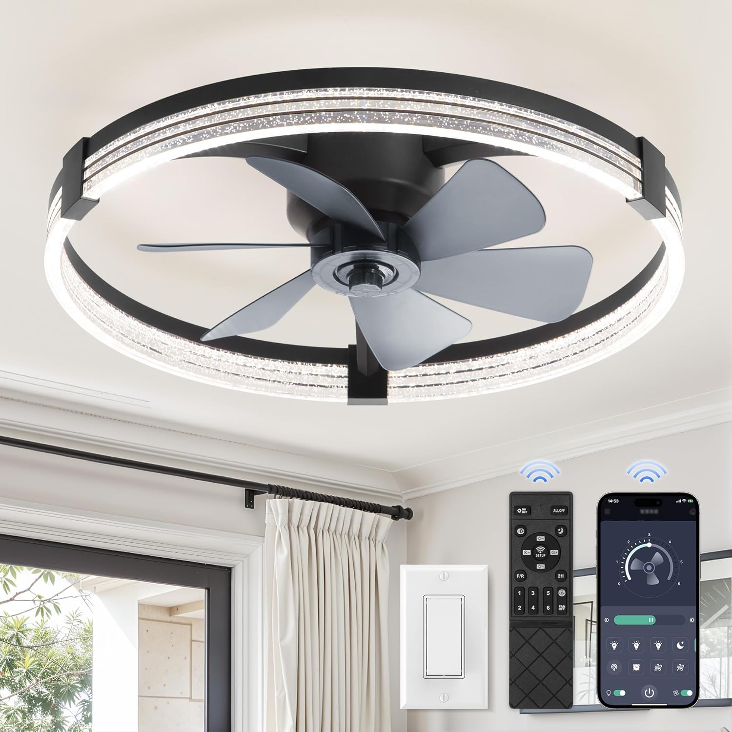 ZMISHIBO Low Profile Ceiling Fans with Lights, Flush Mount Modern Ceiling Fan and Remote Control, 23" LED Ceiling Fans, Stepless Dimmable 3 Colors and 6 Speeds