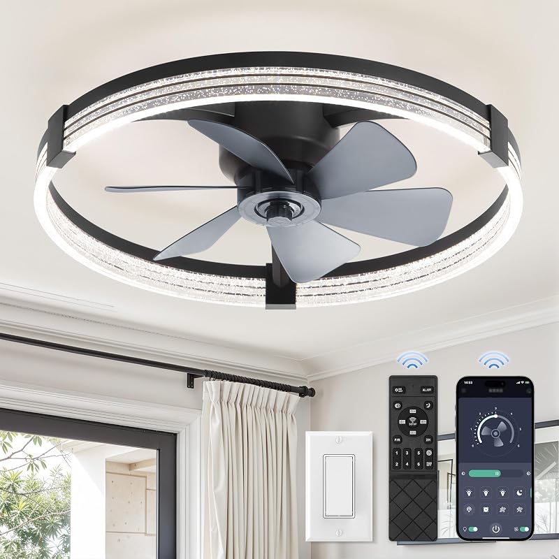 Ceiling Fan with Light and remote, 23'' Low Profile Ceiling Fans | Flush Mount Modern Ceiling Fan and Remote Control, 3000K-7000K Dimmable, Modern Fandelier for Bedroom, Living Room