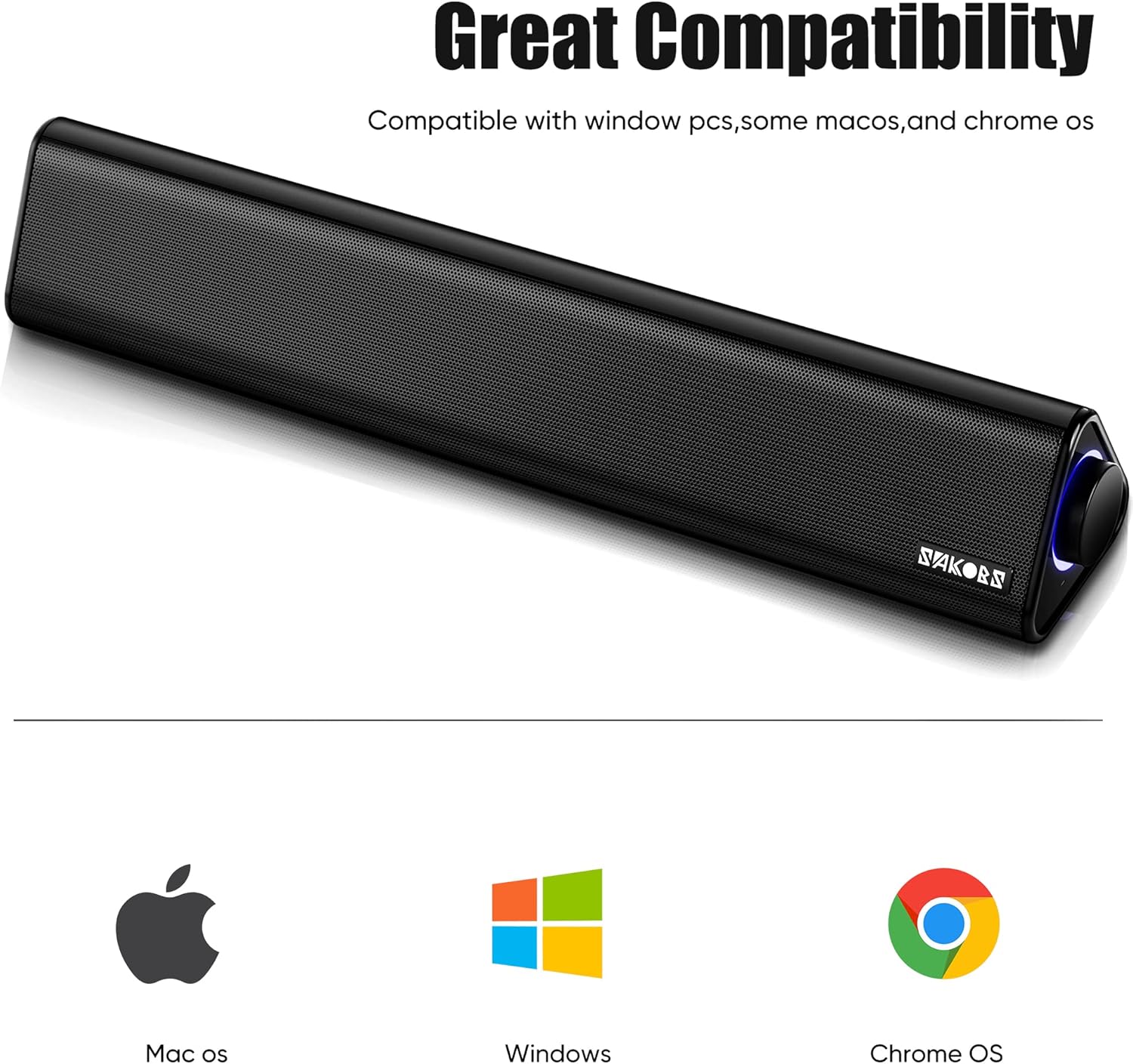 SAKOBS E2021 speakers with logos for Mac OS, Windows, and Chrome OS