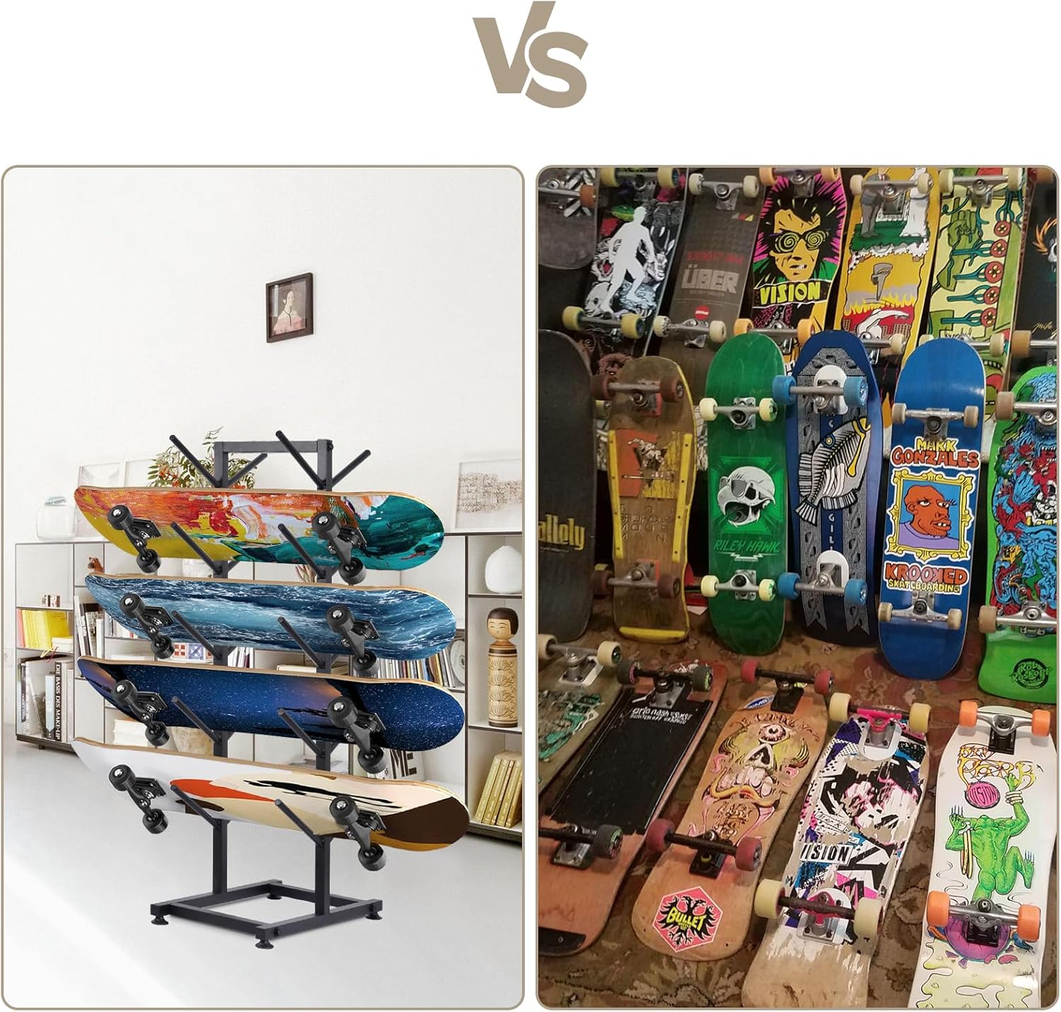 5-Layer Skateboard Rack Snowboard Rack,Skateboard Rack Floor Stand,Double-Sided Metal Snowboard Storage Rack,frees Standing for Skis/Skateboards/Scooter,Floor Display Stand for Garage/Shop