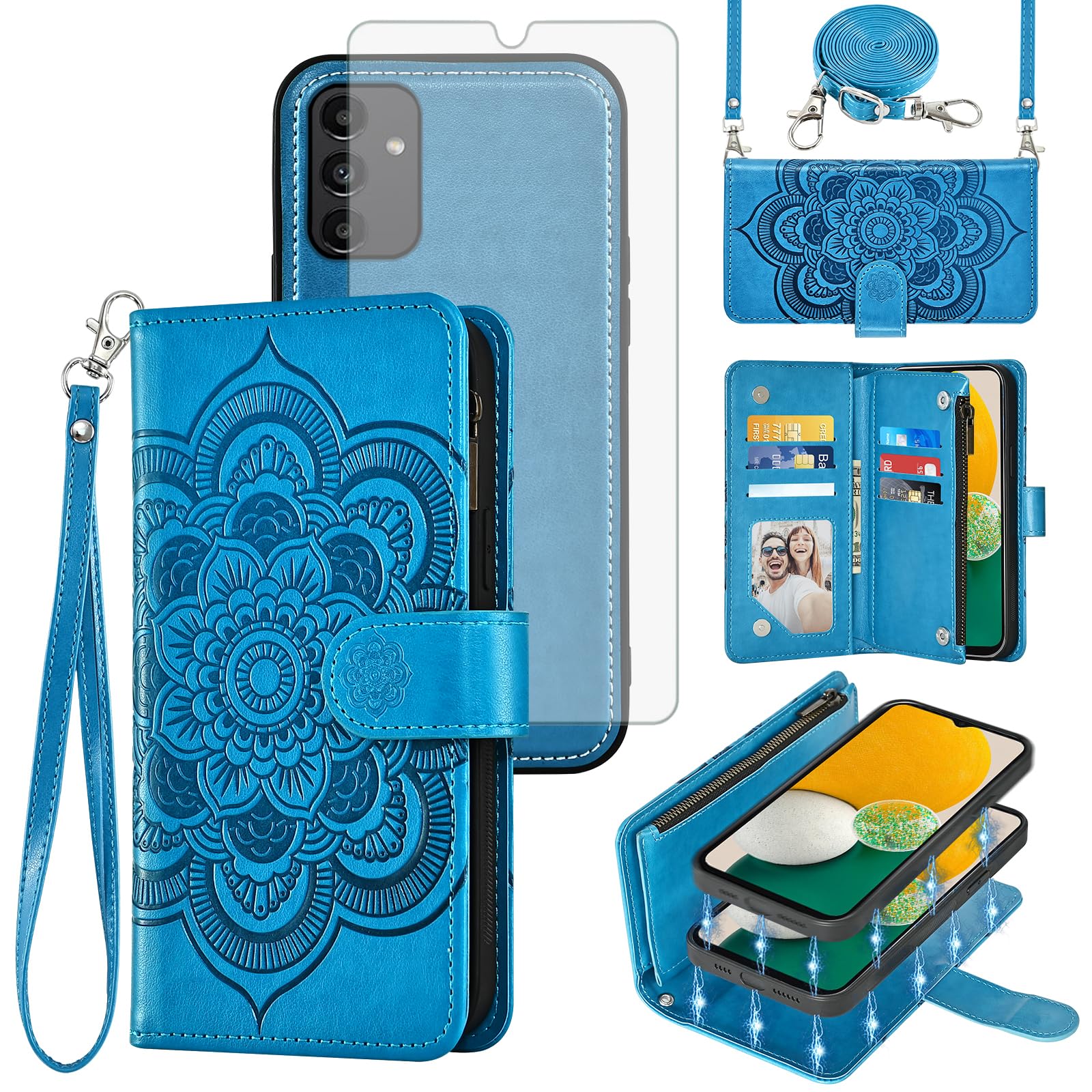 Asuwish Coque de téléphone pour Samsung Galaxy A13 5G avec fermeture éclair, portefeuille amovible, avec protection d'écran en verre trempé, sangle porte-cartes, motif floral A04S M13 G5 A 13 2022 13A
