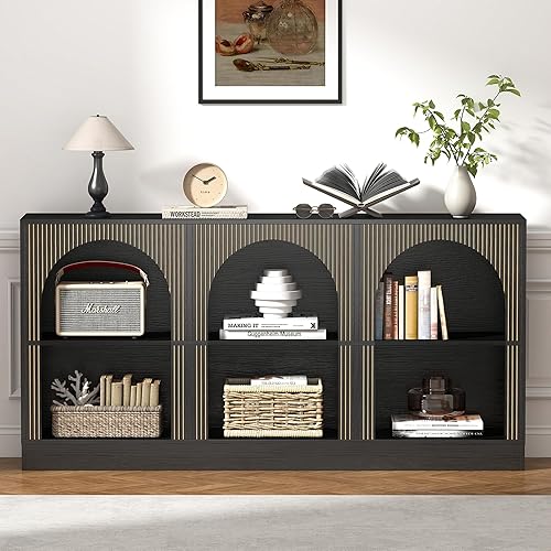 Miniatura 6 de Juego de 2 mesas consolas, mesa de entrada arqueada extra larga de 126 pulgadas con almacenamiento abierto de 3 niveles, mesa rectangular de madera