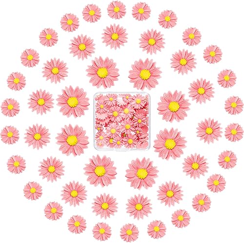 Hicarer 50 cuentas de resina de resina con parte trasera plana, margaritas de resina epoxi, mini margaritas decoradas artificiales con caja de