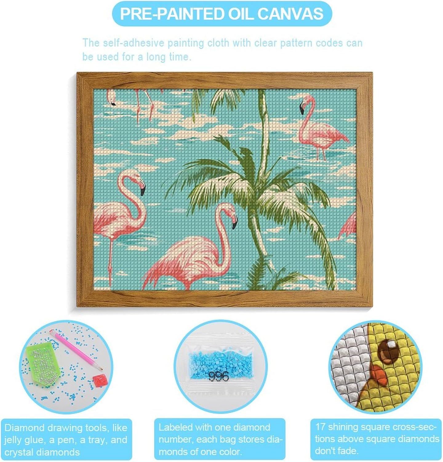 Flamingo Coconut Tree Printed Diamond 5D Painting Kits DIY Full Drill Crafts for Home Wall Decor 16x20 Inch Yellow Wood 50 * 40cm