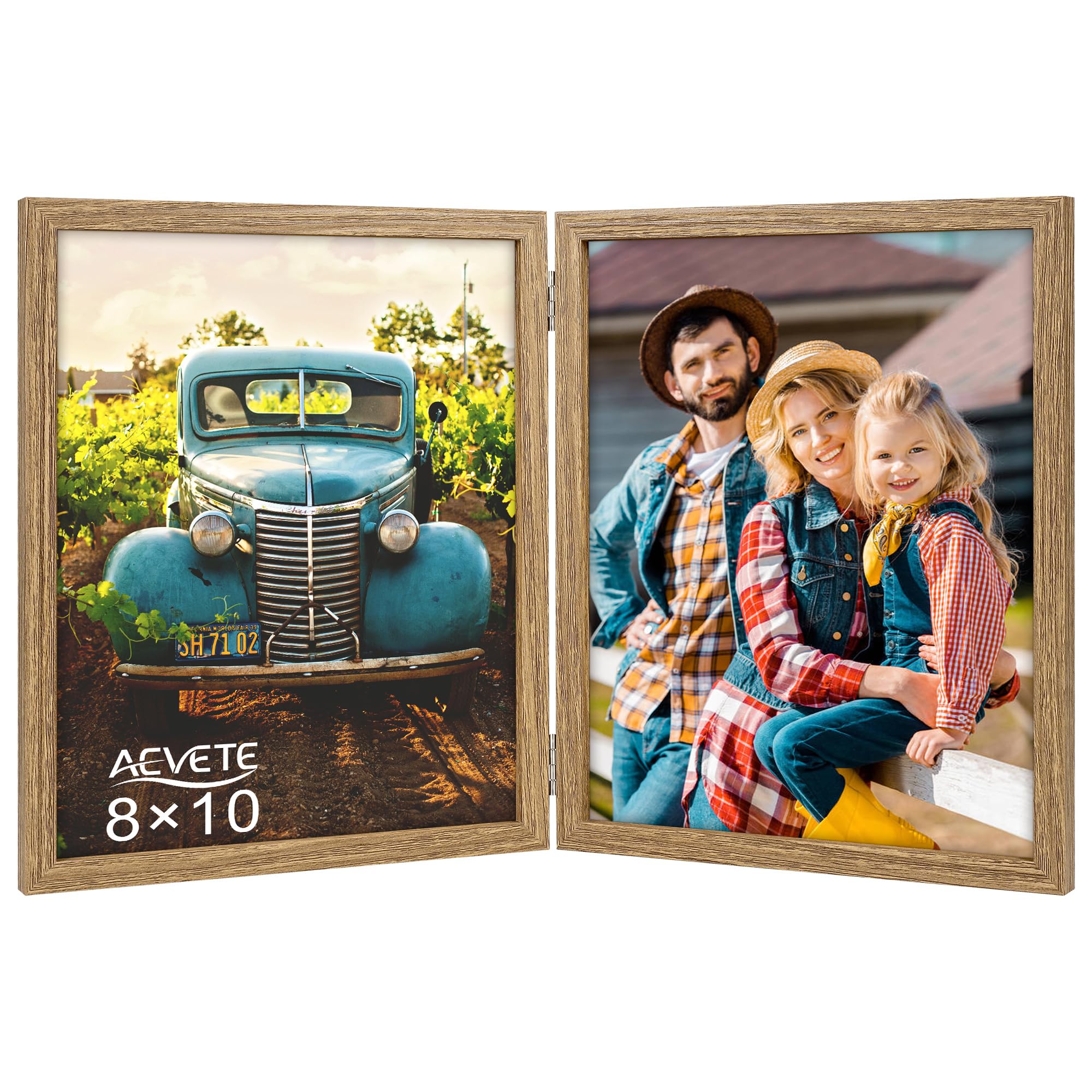 AEVETE 8x10 Picture Frames Double Hinged Wood Folding Photo Frames Vertical with Plexiglass Front, Wood Grain