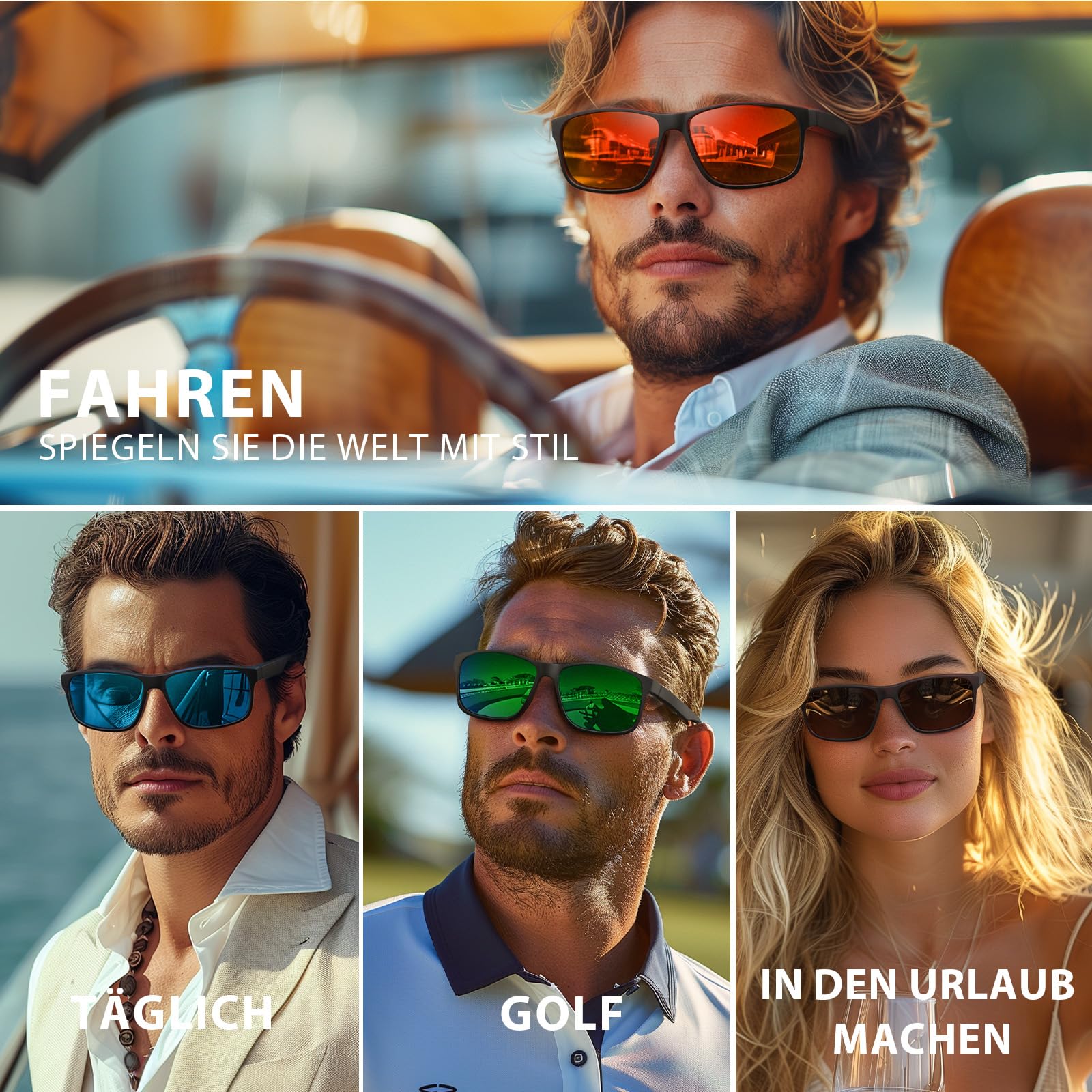 Sonnenbrille Herren Polarisiert Damen UV400 Schutz Sport Sunglasses Men Women Unisex Ultraleichte Rechteckig Rahmen Schwarz Retro Polarisierte Sonnenbrillen für Angeln, Fishing, Fahren, Ski