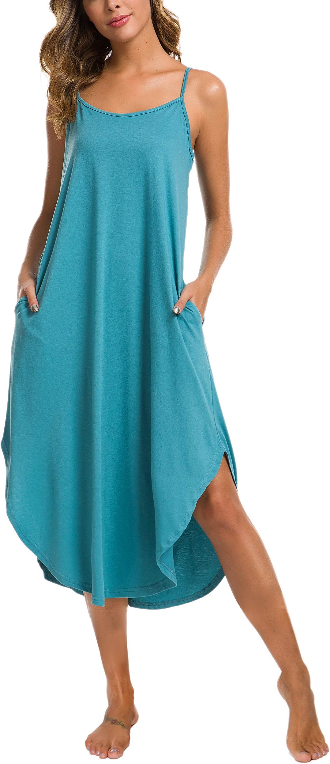 AVIIERLong Nightgown Womens Lounge Dresses with Pockets V Neck Sleeveless Sleepwear Chemise S-XXL - Blue - Large
