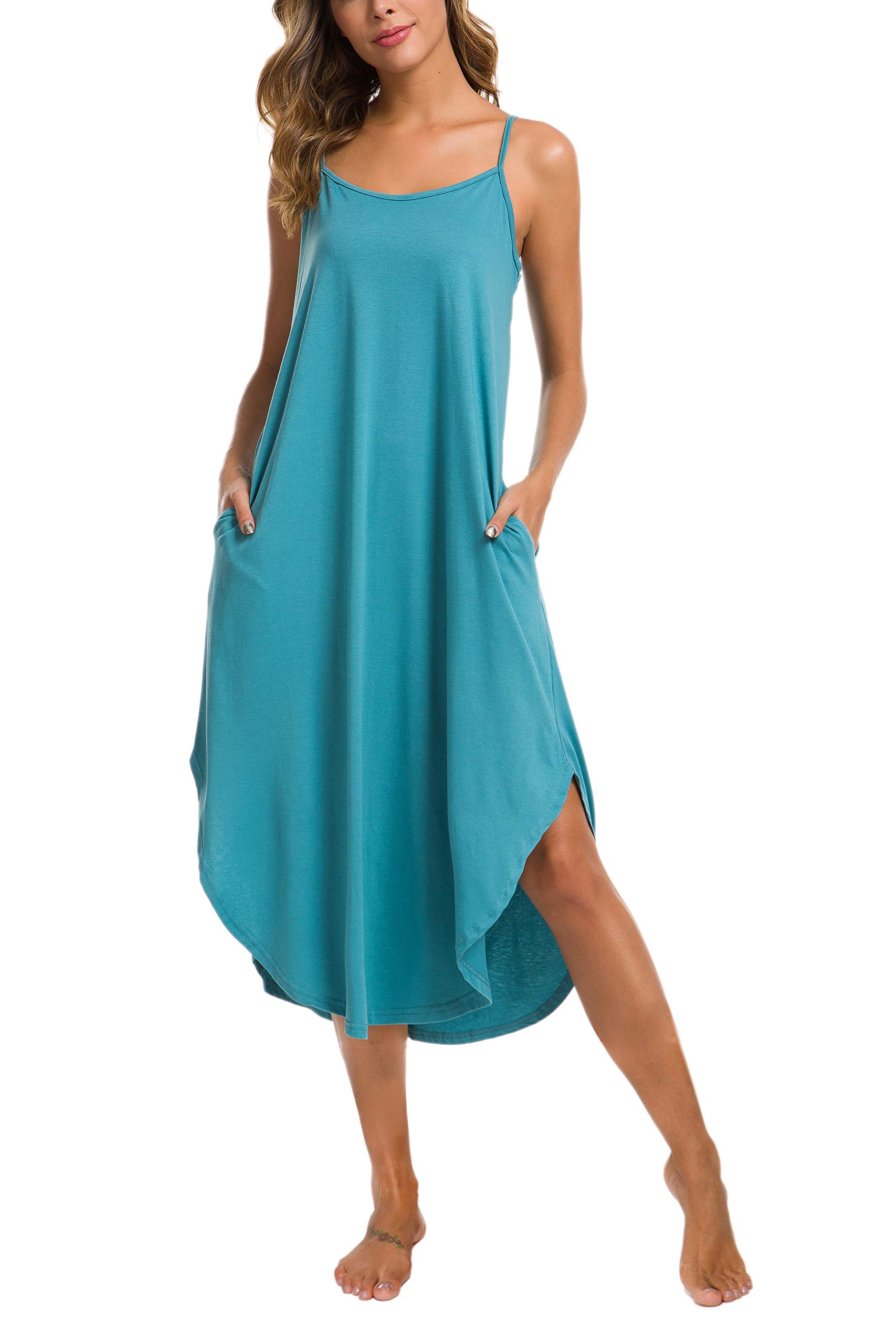 AVIIERLong Nightgown Womens Lounge Dresses with Pockets V Neck Sleeveless Sleepwear Chemise S-XXL - Blue - Large
