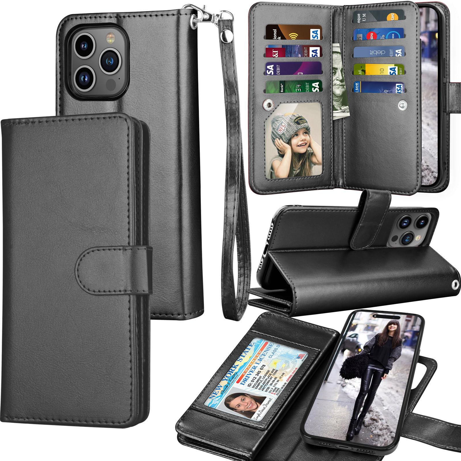Tekcoo Wallet Case Compatible with iPhone 15 (6.1 inch) 2023 Luxury ID Cash Credit Card Slots Holder Carrying Pouch Folio Flip PU Leather Cover [Detachable Magnetic Hard Case] with Strap [Black]