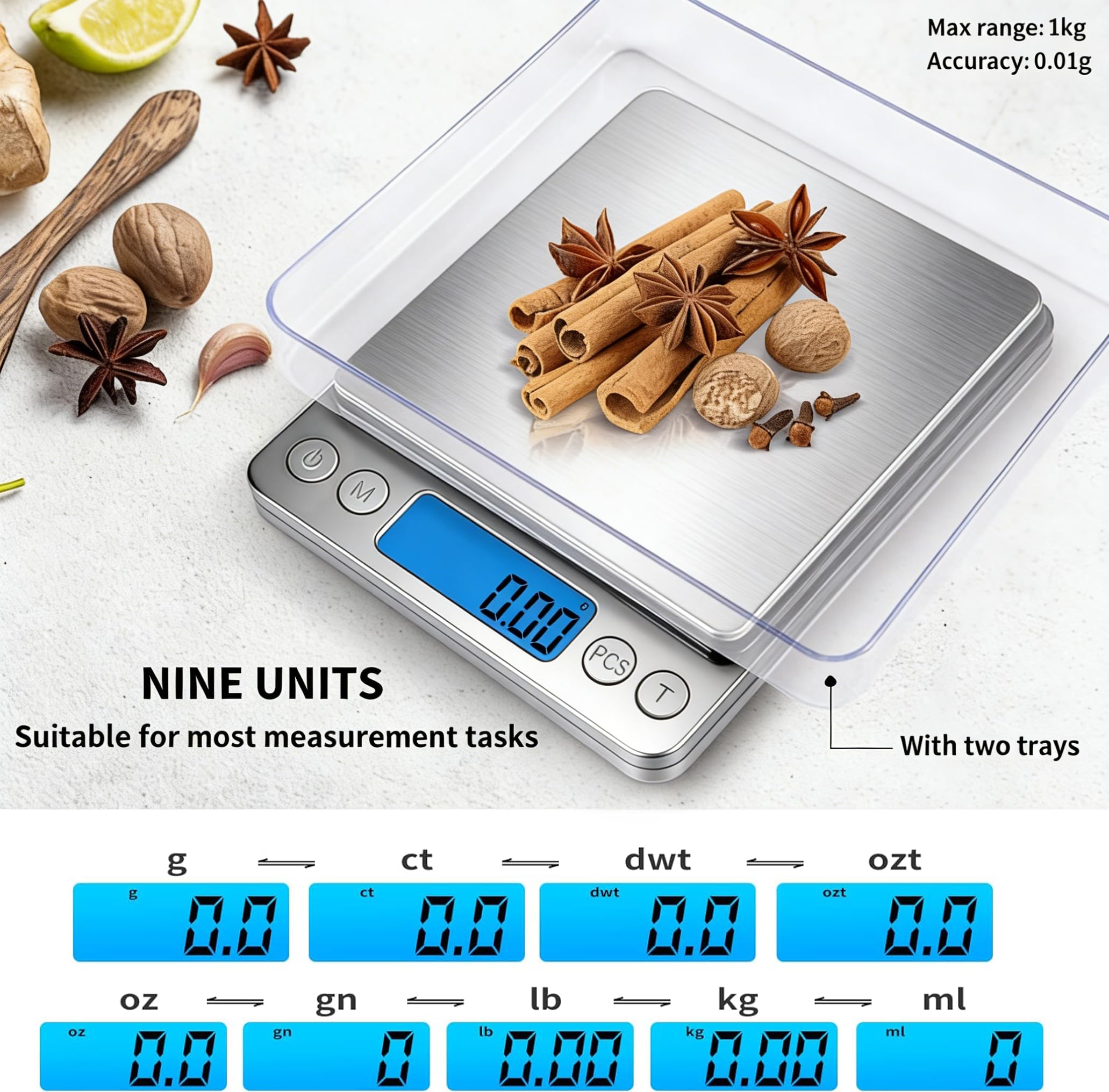 MEIYA Báscula digital de gramos de 1000 g/0,01 g, báscula para alimentos onzas y gramos, báscula de cocina de carga USB actualizada, peso digital para cocinar, hornear, función de tara, 9 unidades, 2