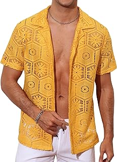 Mens Floral Lace Shirt Casual Mesh Sexy Sheer See Through Short Sleeve Beach Button