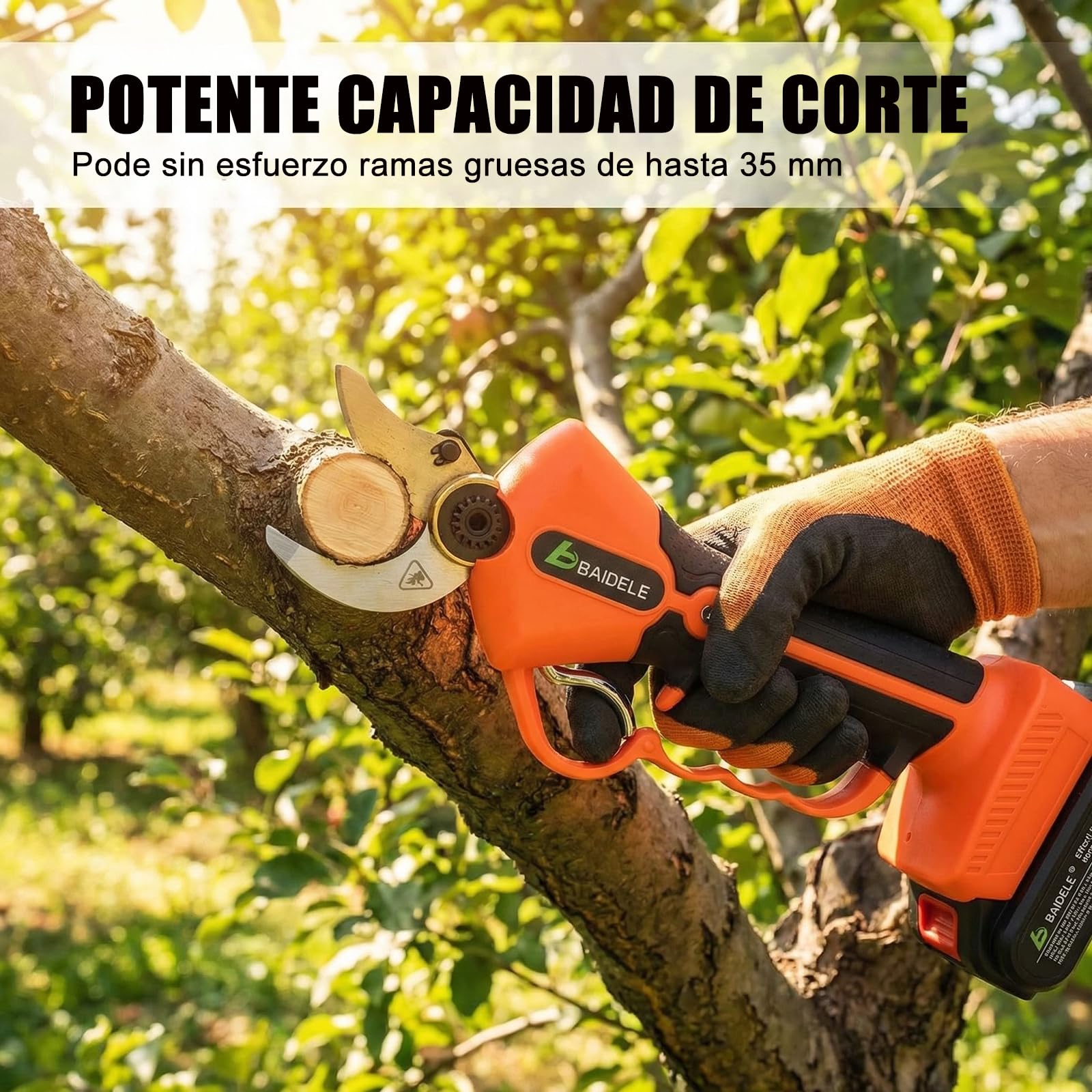 Tijeras de Podar Eléctricas 35mm, 600W Tijeras de Podar Bateria con 2 Baterías de Litio de 2,0 Ah, 8 Horas de Funcionamiento, Empuñadura Antifatiga, Ideal Para La Poda en Jardines, Huertos y Viñedos