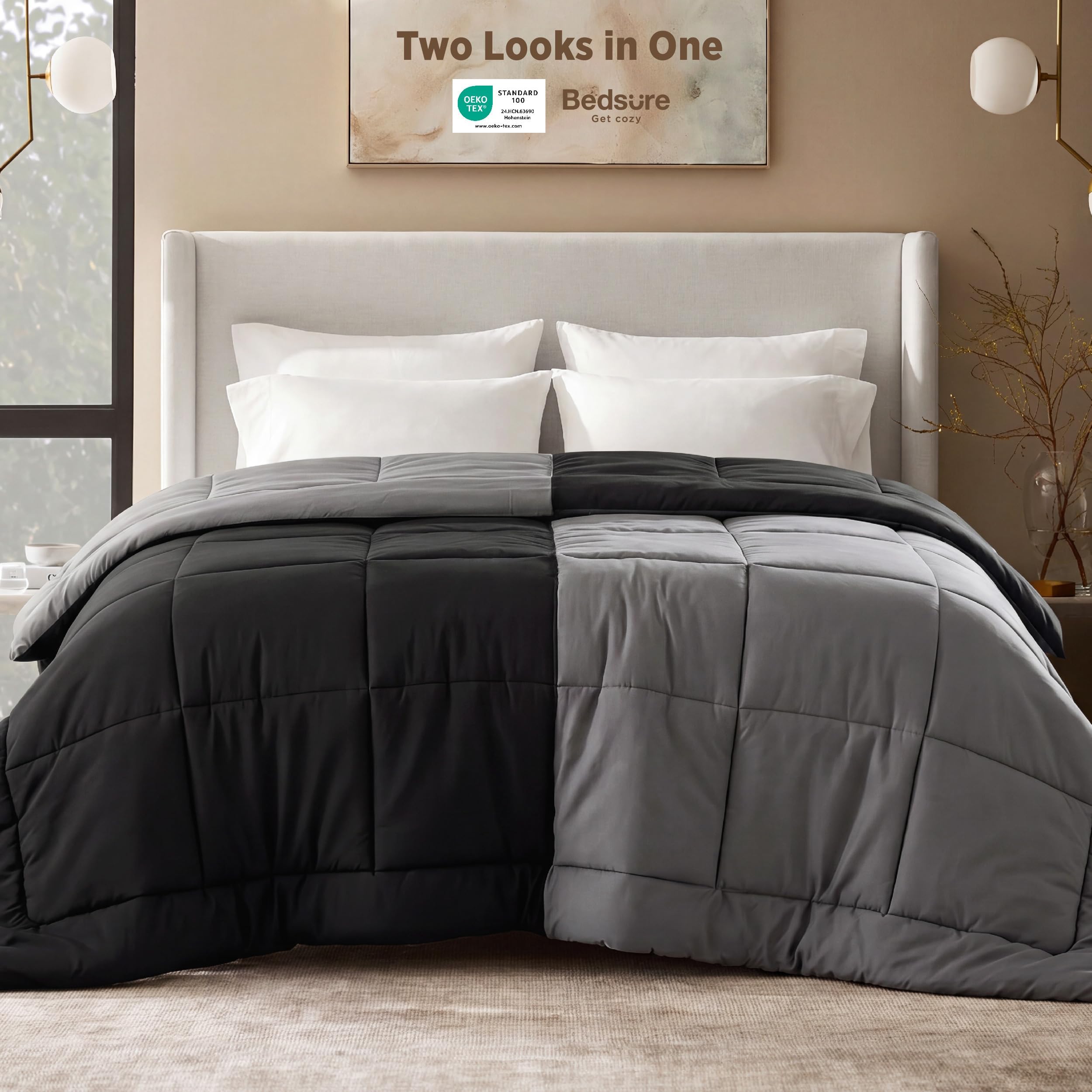 Bedsure Comforters Queen Size Duvet Insert, Quilted Down Alternative Comforter, Ultra Soft Lightweight Comforter Blanket for Bed, with 8 Tabs, Machine Washable, 88x88 in, Black/Grey