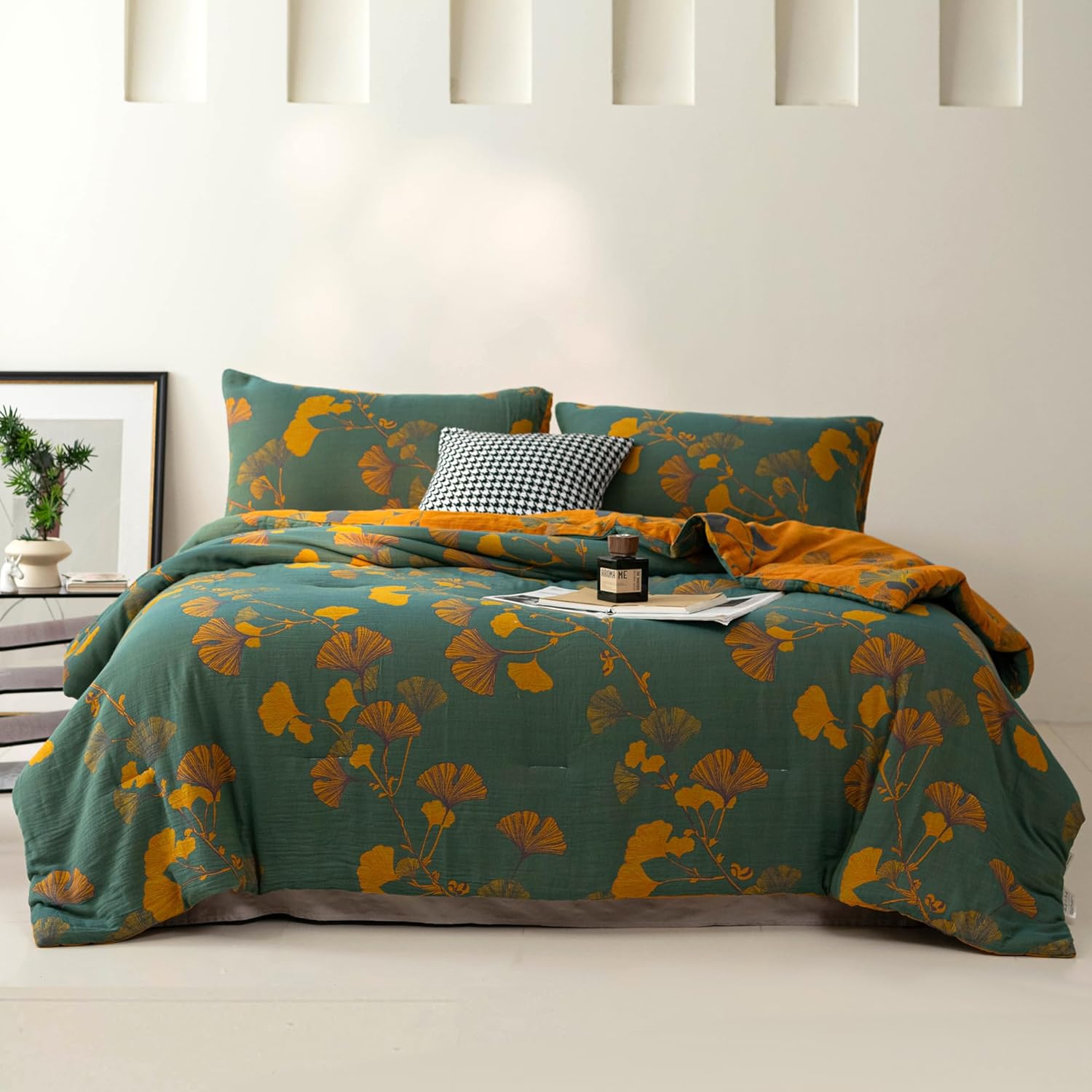 100% Cotton Muslin Jacquard Comforter Set, Floral Ginkgo Leaves Print, Soft Lightweight Reversible 3 Piece Bedding Sets for All Season, Green Yellow, Full/Queen(90"x90")