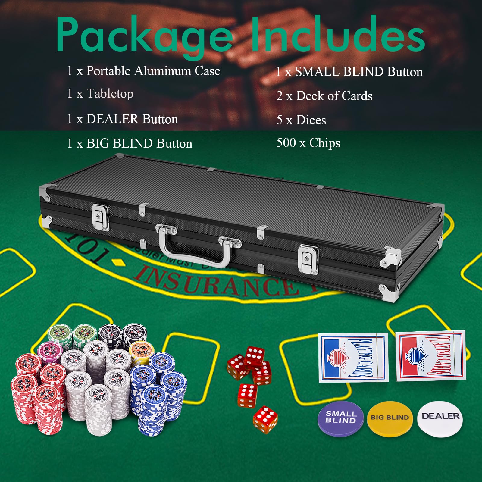 HOMASIS Set da Poker 500 Fiches Valigetta 2 Mazzi Carte 5 Dadi Tappetino Nero