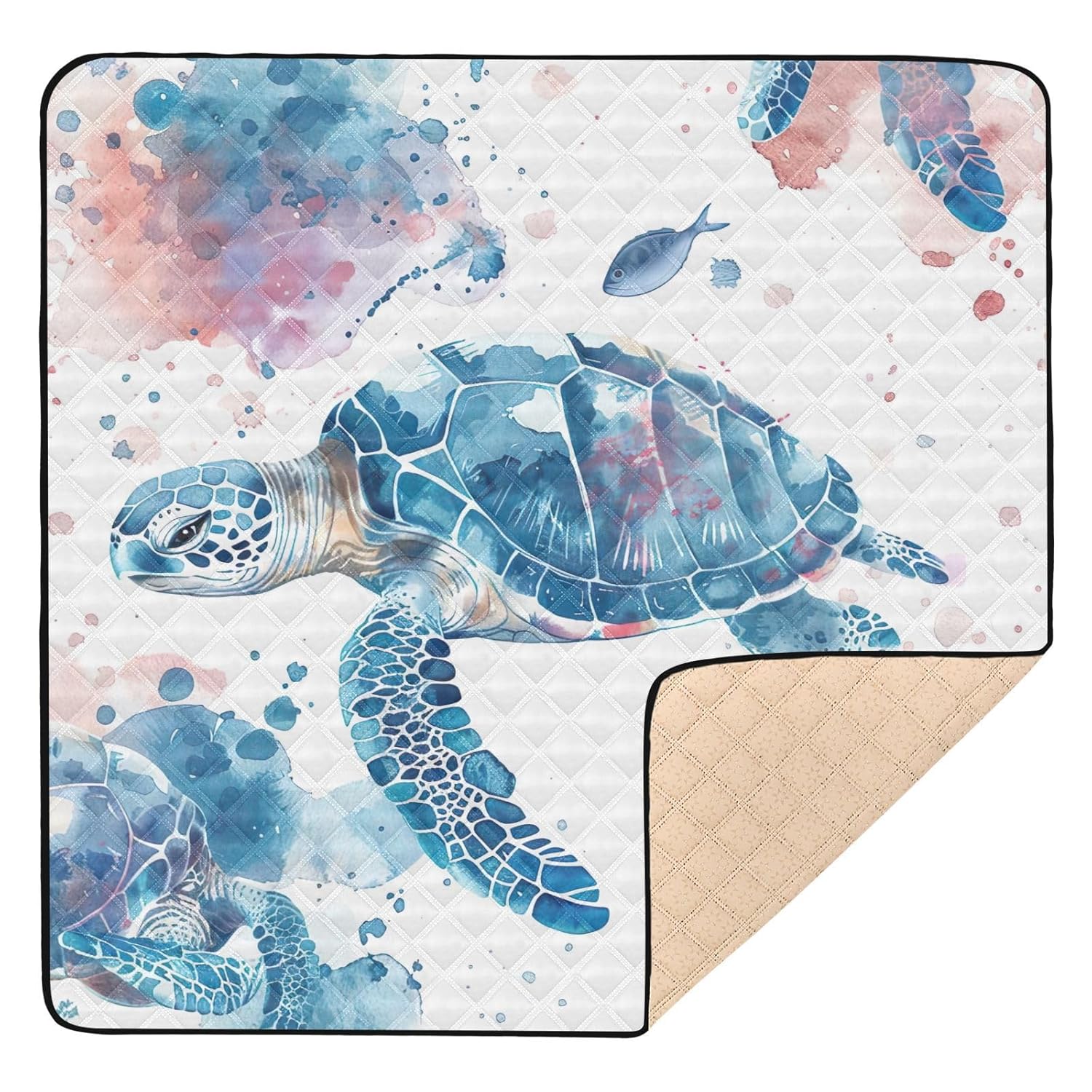 Qilmy Sea Turtle Baby Gyms Play Mat for Floor, Waterproof Soft Crawling Mat with Non-Slip Bottom, Lightweight Foldable Picnic Camping Mat for Infants, Toddlers, 50x50in