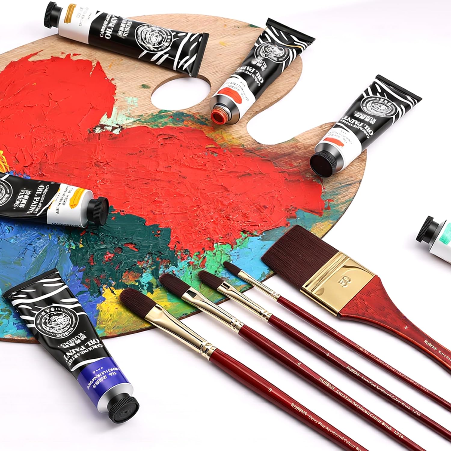 rubens Acrylic Filbert Paint Brushes Set, 5 Pcs Professional Paint Brushes Set, Long Wooden Handles Artist Brushes Nylon Bristles with Filbert, Wide Flat for Acrylic Oil Gouache Watercolor Painting