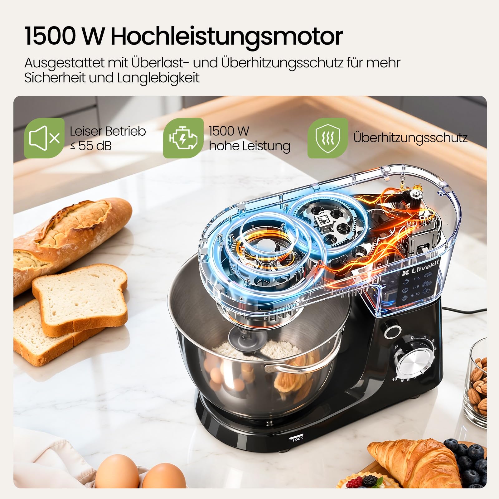 LLIVEKIT 1500W Küchenmaschine, 5,2L Edelstahl-Rührschüssel, Knetmaschine Rührmaschine mit 10 Geschwindigkeiten + Pulsfunktion, Überhitzungsschutz, Multifunktional Haushalts-Backgerät