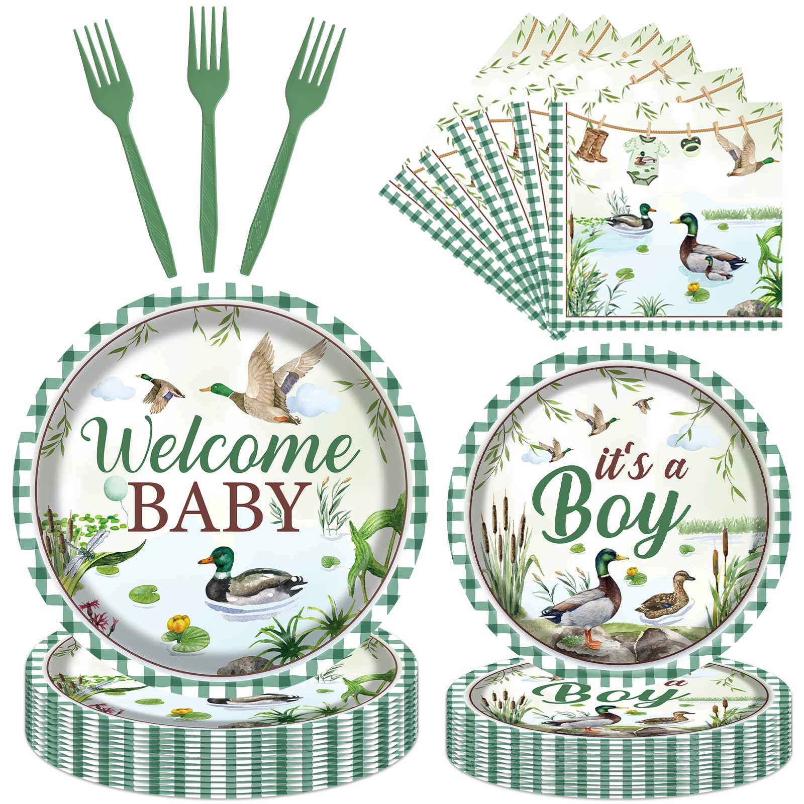 Joybileefun One Lucky Duck Party Supplies - 96PCS Mallard Duck Baby Shower Decorations Tableware Set Includes 9'' Plates 7'' Plates Napkins Forks Duck
