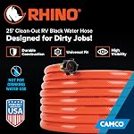 Camco 22990 25ft RhinoFLEX 5/8 pouces ID Réservoir d'eau gris/noir Nettoyez le tuyau Idéal pour rincer l'eau noire, les réservoirs d'eaux grises ou les réservoirs de fourreaux, orange