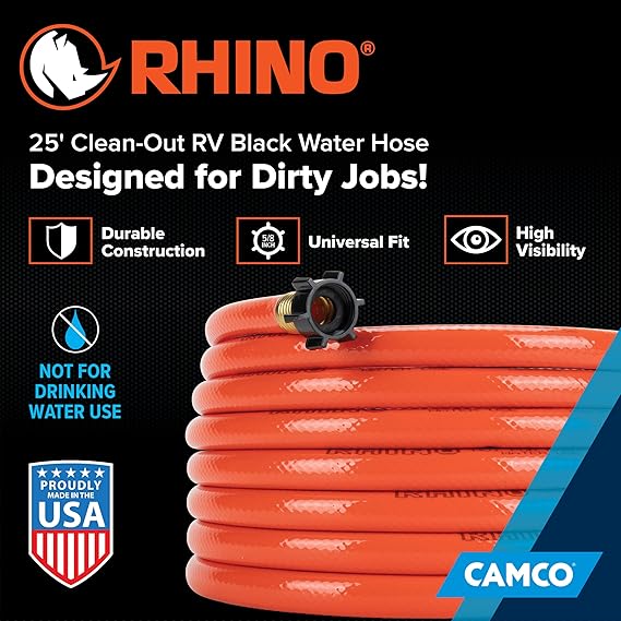 Camco Rhino 25-Ft Clean-Out Camper/RV Black Water Hose - Features a Heavy-Duty PVC Design & Bright Orange Color - Clean-Out Camper Black Water, Grey Water or Tote Tanks - 5/8 Inside Diameter (22990)