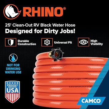 Camco Rhino 25-Ft Clean-Out Camper/RV Black Water Hose - Features a Heavy-Duty PVC Design & Bright Orange Color - Clean-Out Camper Black Water, Grey Water or Tote Tanks - 5/8 Inside Diameter (22990)